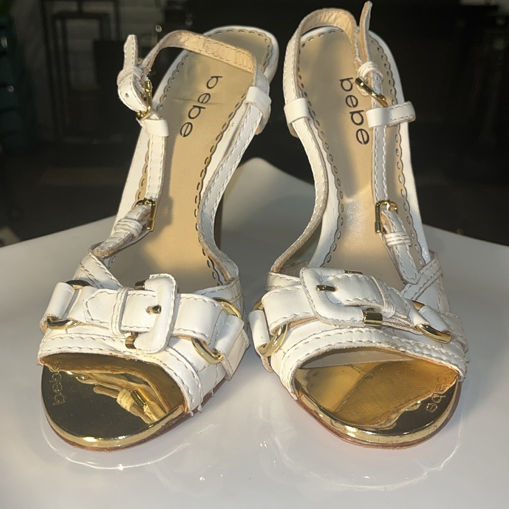 Bebe - White Quilted Gold Metal Toe with 4" heels. Ladies size 7M (medium width)